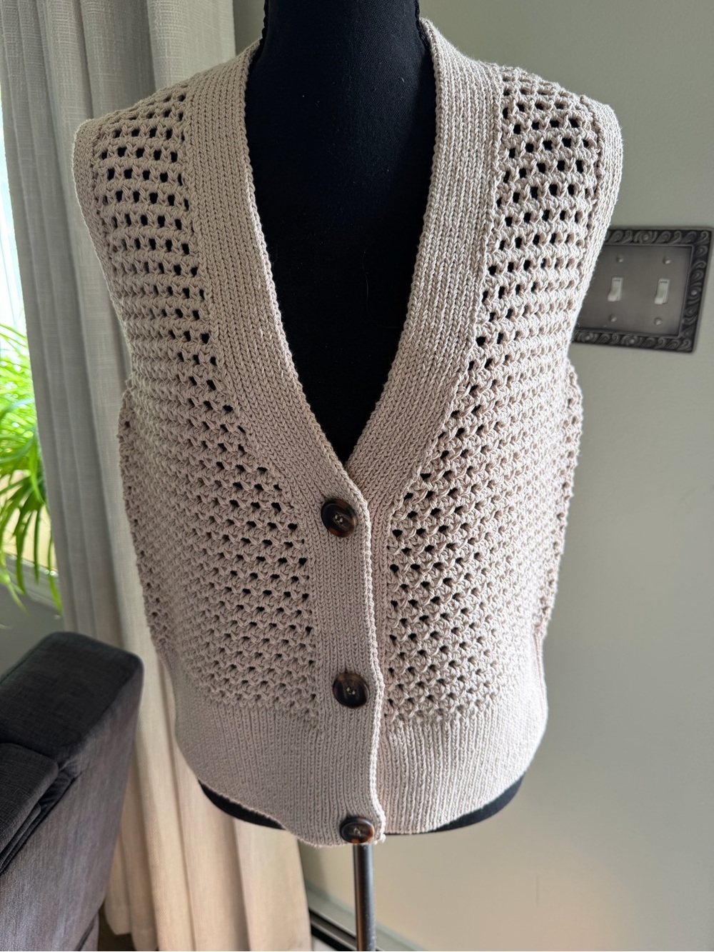 Women's Beige Open-Knit Buttoned Sweater Vest